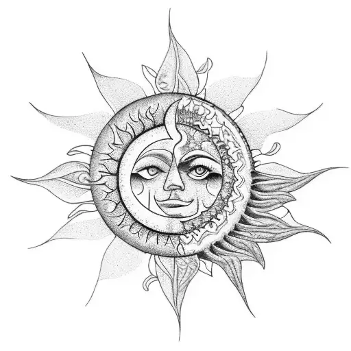 A Nature-inspired Tattoo Featuring A Sun And Moon Made Of Intricate Leaf Patterns