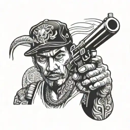 Chicano Style Portrait Of A Gangbanger Holding A Gun