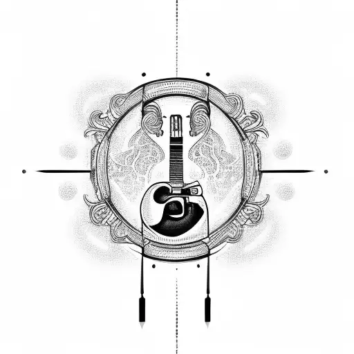 A Detailed Blackwork Tattoo Of A Guitar With Musical Notes Flowing Out Of It