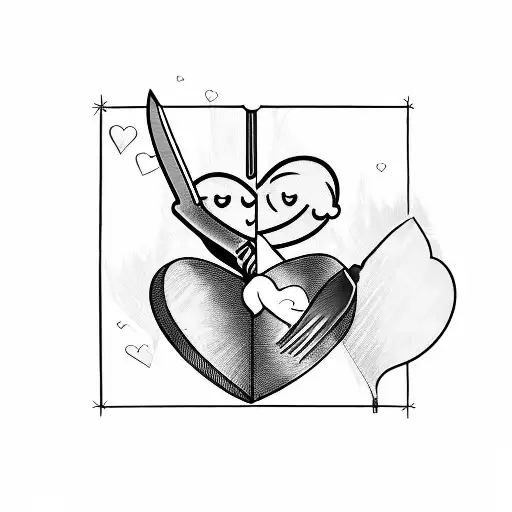 Cupid Repairing A Broken Heart With A Chef's Knife And Fork