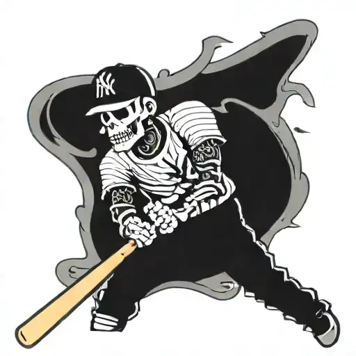 A Skeleton Swinging A Baseball Bat Wearing A New York Yankees Cap