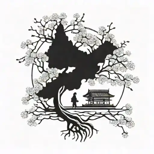 Japanese Cherry Blossom Tree With A Silhouette Of Your Family Traveling Around The World