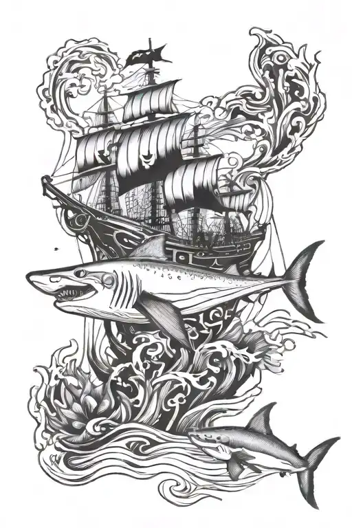 Pirate Ship And Underwater Shark Swimming