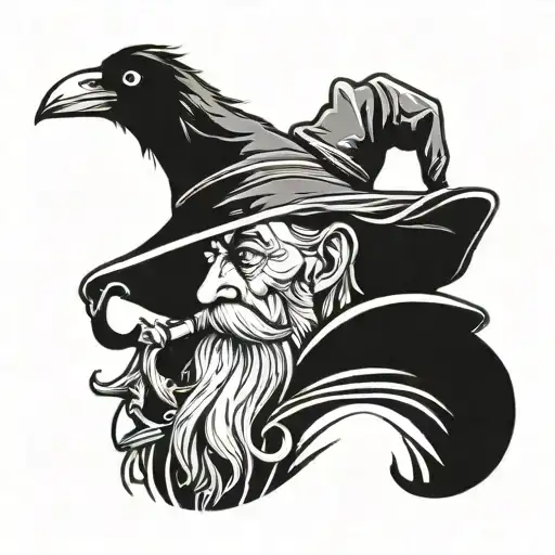 Sad Wizard With A Pipe On His Lips And Satff On His Shoulder With A Crow On His Other Shoulder