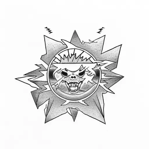 Japanese Sun With Lightning Bolts Radiating Outwards