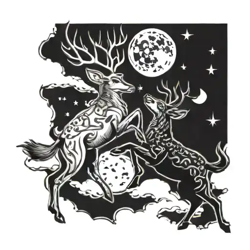 Angry Deer Fighting Each Other With The Moon