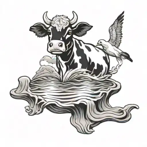 A Black Tattoo Of A Serene Ocean Scene With A Stuffed Cow Floating Peacefully