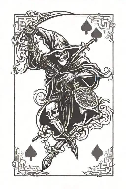 A Poker-themed Tattoo With A Grim Reaper And Jester Motif