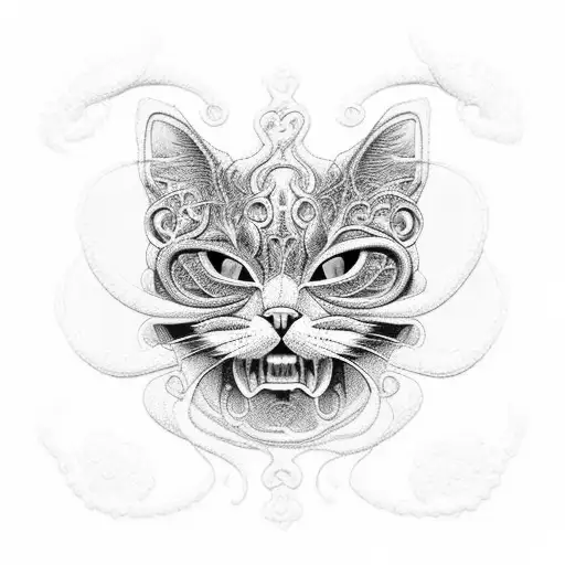 An Intricate Blackwork Tattoo Of A Dental Prosthesis Intertwined With Cat And Skull Motifs