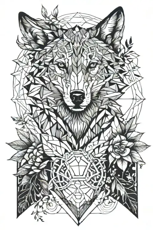 A Geometric Wolf Design Surrounded By Intricate Botanical Elements Representing Nature And Family