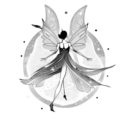 A Sketchy Silhouette Of A Fairy Dancing Among Swirling Star Patterns