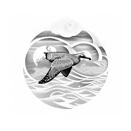 A Dotwork Tattoo Of A Seagull Flying Over A Calm Ocean At Sunset
