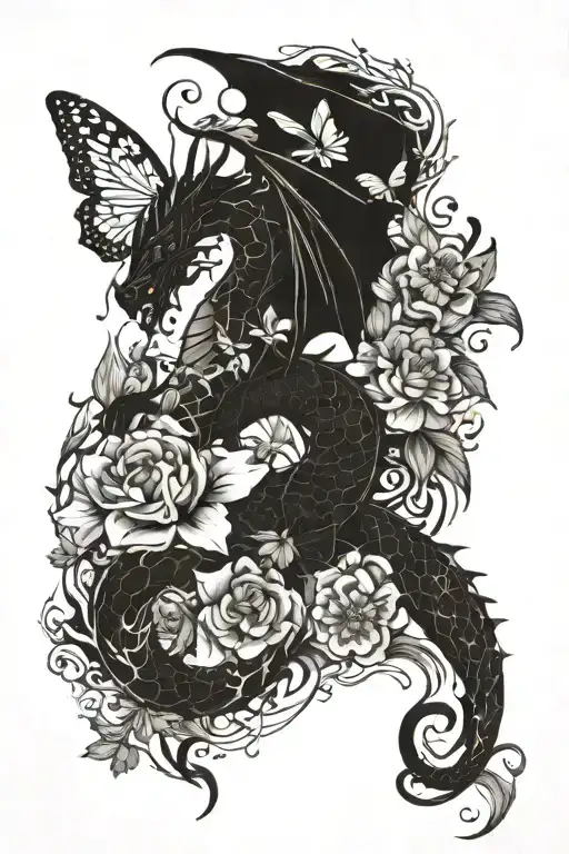 Dragon With Butterfly Wings And Flowers