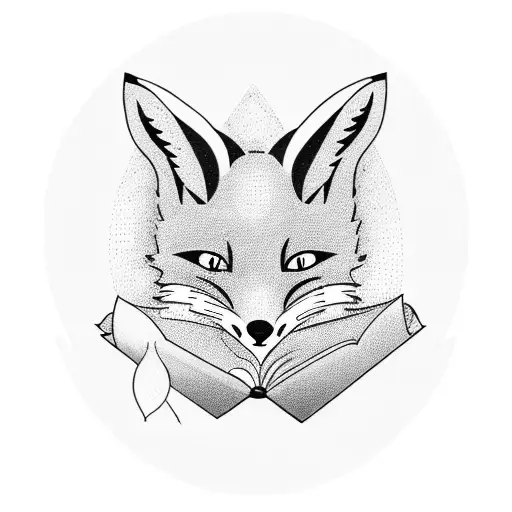 A Detailed Blackwork Tattoo Of A Fox Reading A Book On A Spaceship