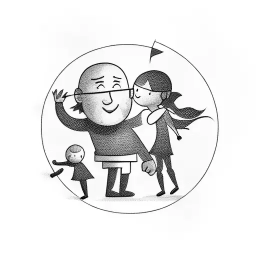 A Whimsical Blackwork Tattoo Of A Father Playing With His Kids In A Fantastical Setting