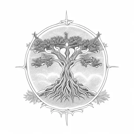 An Intricate Blackwork Design Showcasing A Family Tree With Branches Extending Into The Heavens