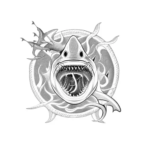An Intricate Design Of A Shark Swimming Through A School Of Fish With A Trident In Its Mouth