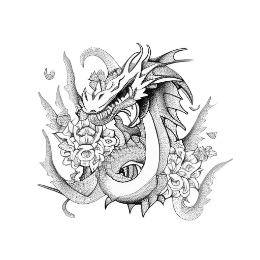 A Fierce Dragon Surrounded By Blooming Flowers