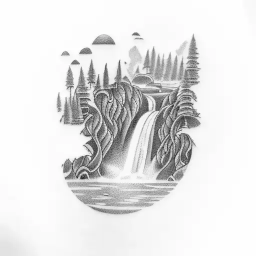 A Blackwork Tattoo Of A Roaring Waterfall Cascading Down The Blue Ridge Mountains Landscape
