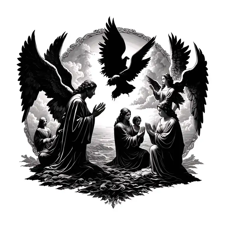 Angels Coming From The Sky And People Praying