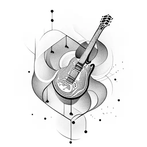 A Blackwork Tattoo Of A Guitar With Musical Notes Flowing Out Of It