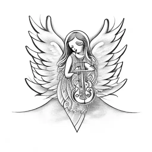 A Minimalist Design Of An Angel With Folding Hands Surrounded By Musical Notes And Symbols