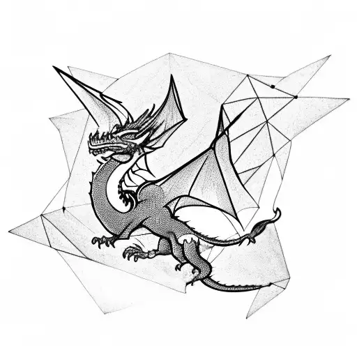 A Geometric Shaped Dragon Flying Over A Mountain Range With A Cardinal Perched On Its Back