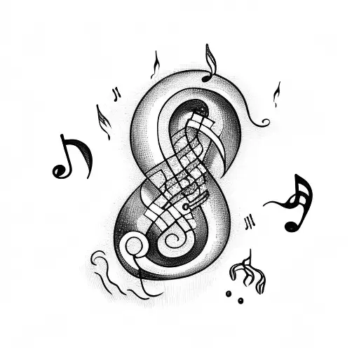 A Blackwork Tattoo Of A Beach Scene With Music Notes Flowing In The Waves