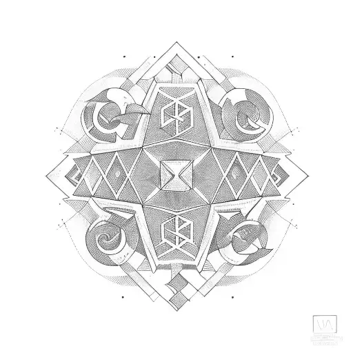 An Abstract Geometric Design Incorporating Gym Equipment And Nordic Symbols