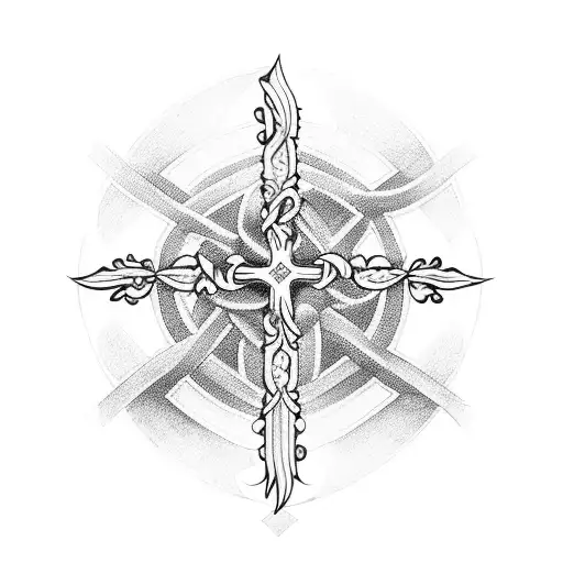 A Detailed Blackwork Tattoo Of A Knife Intertwined With A Cross Symbolizing Faith And Family