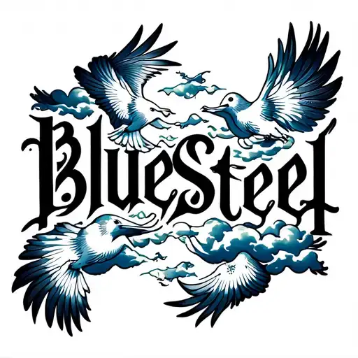 The Words Bluesteel With Doves And Clouds As A Background