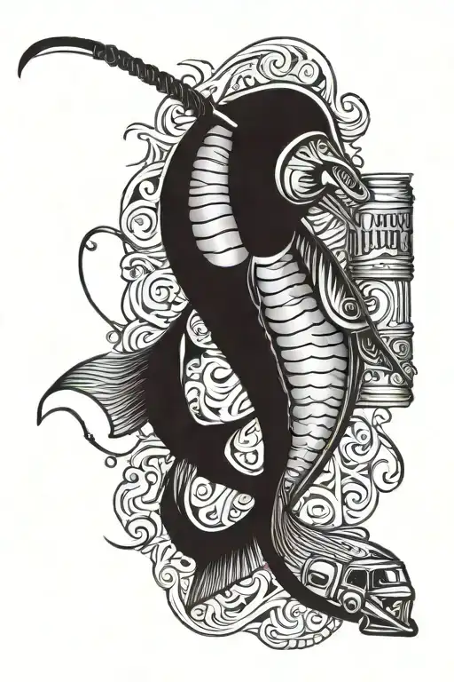 An Intricate Blackwork Tattoo Of A Fishing Lure Intertwined With A Beer Bottle And A Pickup Truck