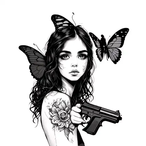 Girl Shilloette With Gun Pointed At Her Head Then Transforma Into Butterflies