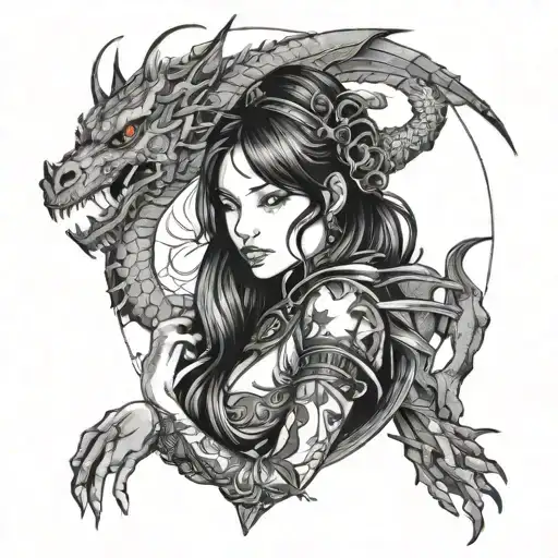 Girl With Scorpio And Dragon Design Combining Elements