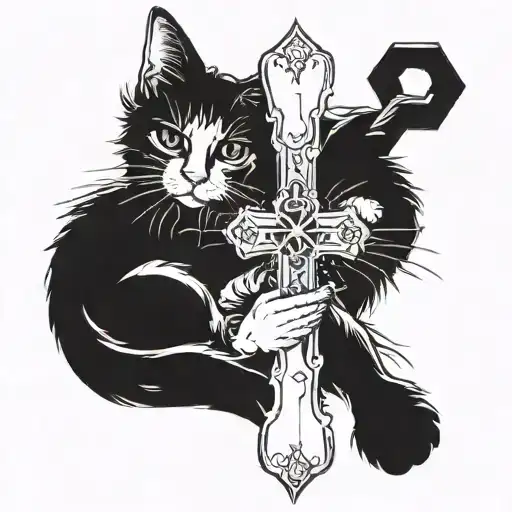 Cat Holding A Gothic Cross That Has A Style From The 2000S