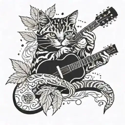 A Cat Playing A Guitar Surrounded By Marijuana Leaves And Money Symbols
