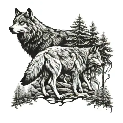 A Pack Of Wolves Hunting In A Dense Forest