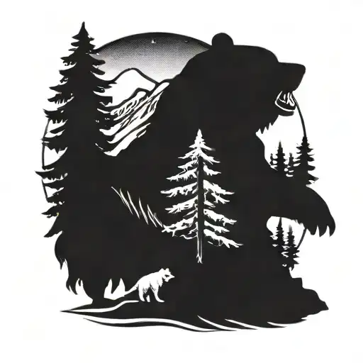 Pine Tree With A Bear And A Mountain With The Outer Contours Of Washington State
