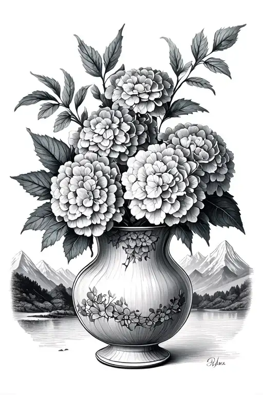 Broken Vase With Dried Hydrangeas And Mountains