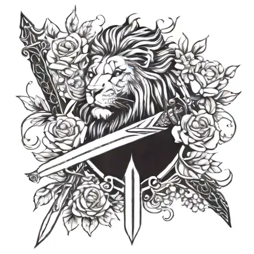 Sword With Lion And Flowers And Thunder