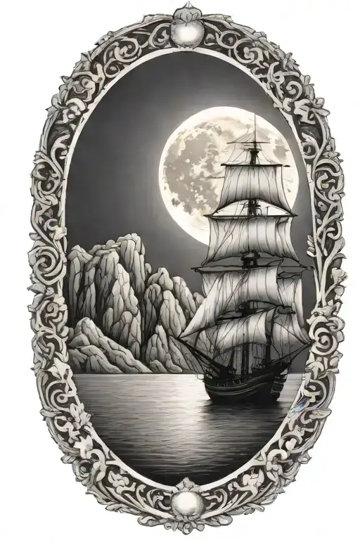 Ship Sailing Towards Bright Shining Full Moon With Cliffs And Oak Tree