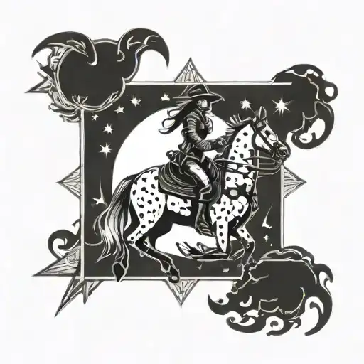 A Female Western Rider With A Star Patterned Saddle Riding Into The Sunset