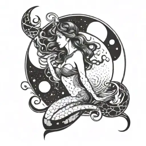 A Seductive Siren Gazing At The Moon Over A Dark Sea