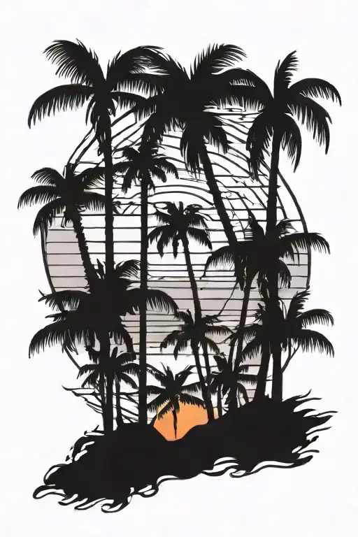 Palm Trees Sunset With 5 Bired