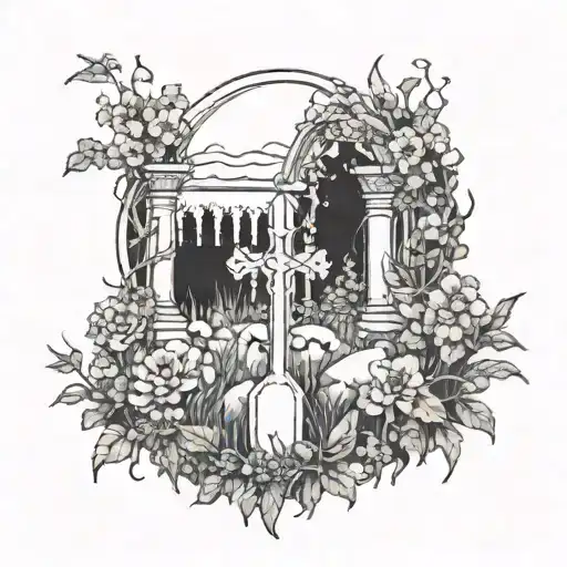 A Sketch-style Tattoo Of A Hauntingly Beautiful Graveyard Scene With Overgrown Plants And Flowers