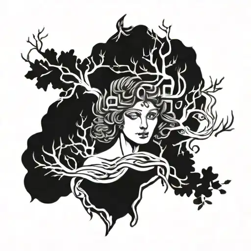 A Greek Goddess Symbolizing Healing And Spirituality Surrounded By Intricate Tree Branches And Waves