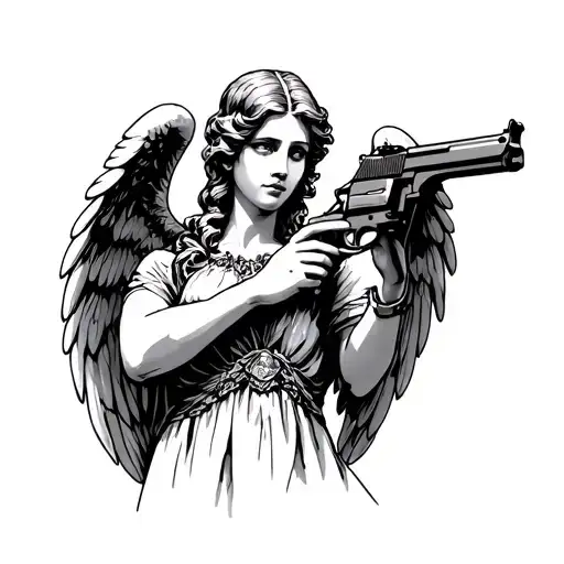 Angel With Short Holding Gun Near Chest