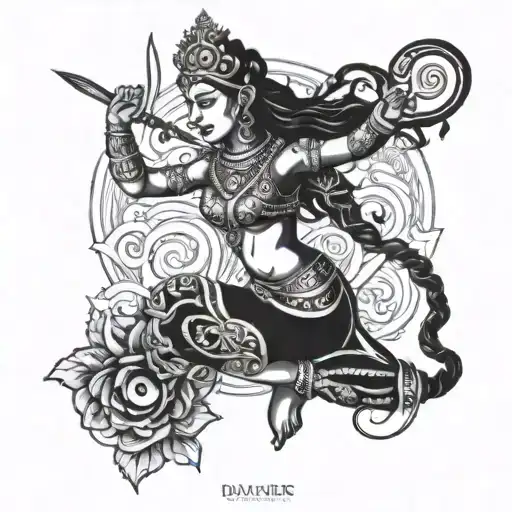 An Intricate Blackwork Tattoo Of Durga Devi Performing A Warrior Pose On The Beach