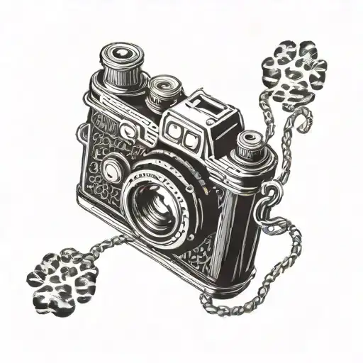 An Intricate Blackwork Design Of A Vintage Camera With Coffee Beans And Dog Paw Prints Intertwined