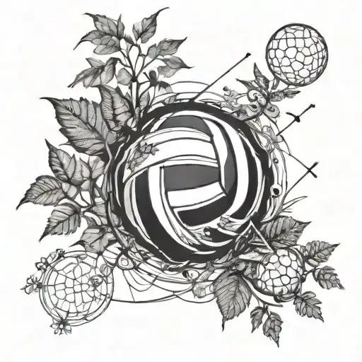 An Intricate Tattoo Blending Volleyball And Nature Motifs In A Blackwork Style